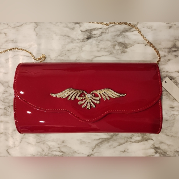 BNWT Red Evening Purse with Gold/Rhinestone Detail & Removable Gold Chai… - Picture 2 of 5